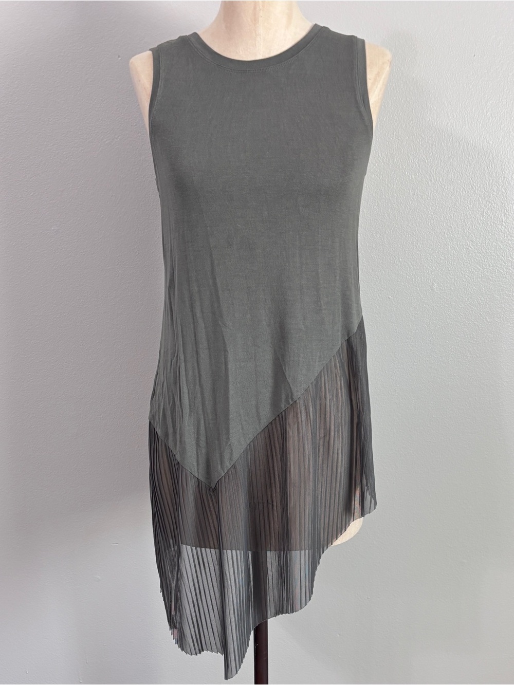 Sleeveless Asymmetric Sage Green Top with Pleated Hem- NWOT
